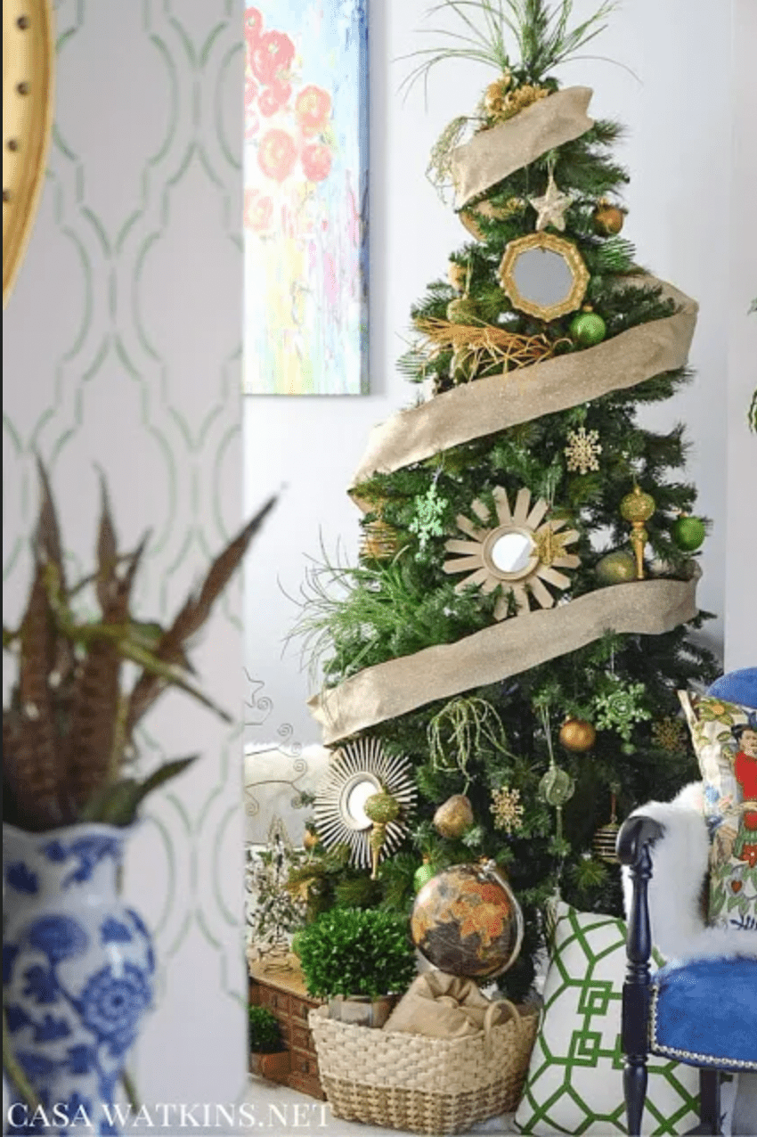 christmas tree with wide burlap ribbon
