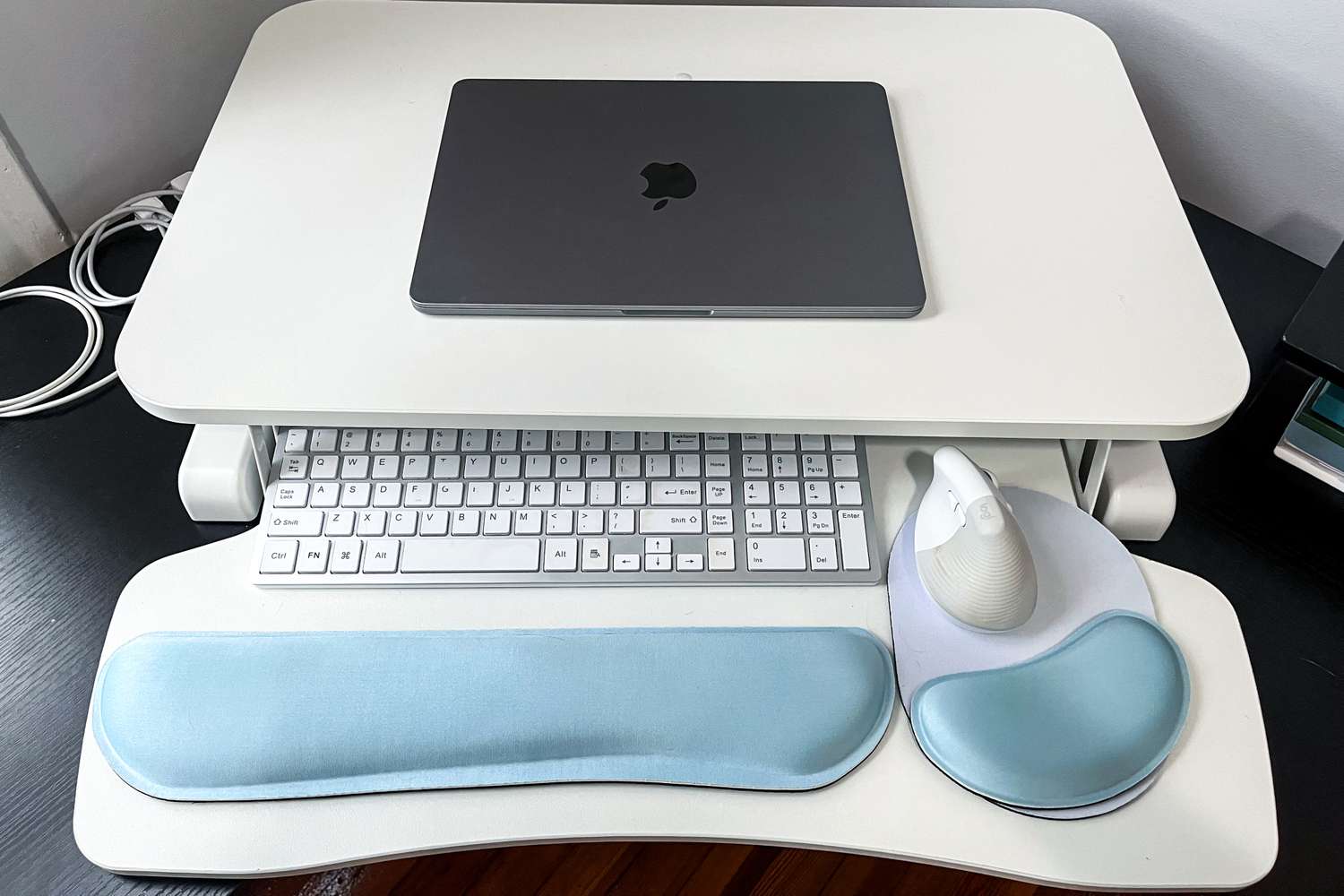 This Standing Desk Converter Is the Best Investment I Made for My WFH Setup—and It Boosts My Productivity 4 Close up of the Vivo 26-Inch Desk Converter, K Series fully set up
