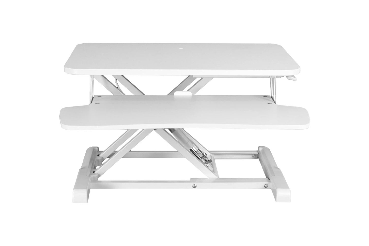 A desk converter with an adjustable platform and lower keyboard tray, designed for standing or sitting usage at a desk