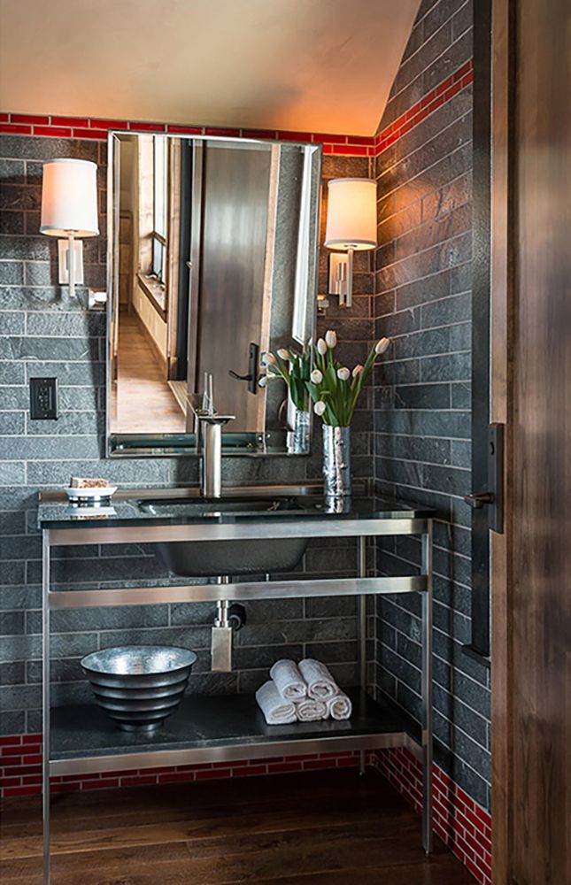 A stainless steel bathroom vanity