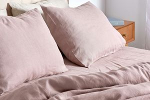 Angled view of pink linen bedding