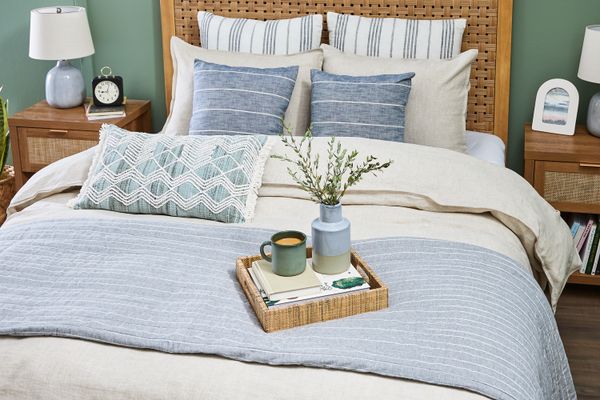 Raised view of a made bed