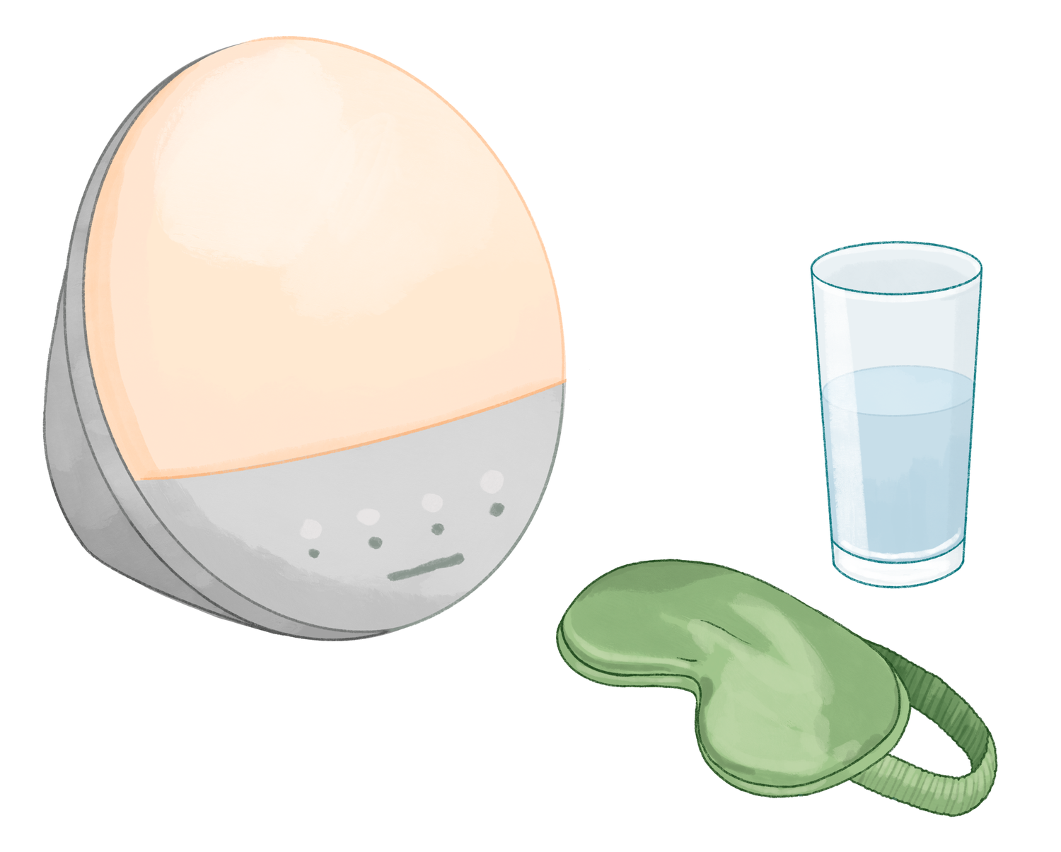 An illustration of an alarm clock, glass of water, and a sleep mask