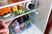 Interior of West Bend Mini Fridge showing various food items organized on shelves including vegetables snacks and drinks