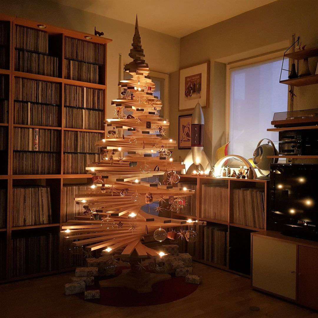 A large wooden stick Christmas tree