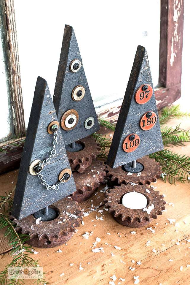 Industrial-style mini Christmas trees made from wood