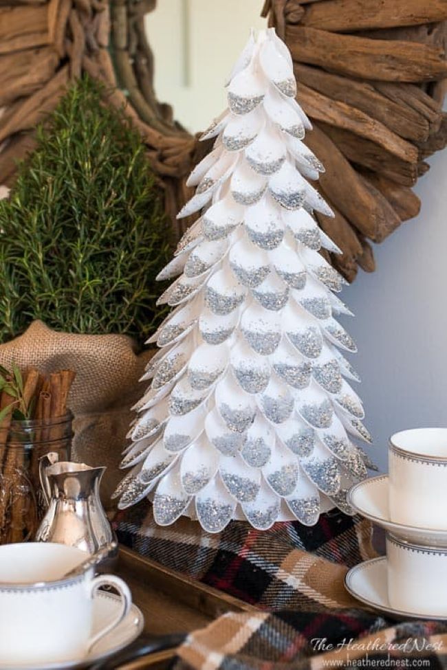 A Christmas tree made from plastic spoons