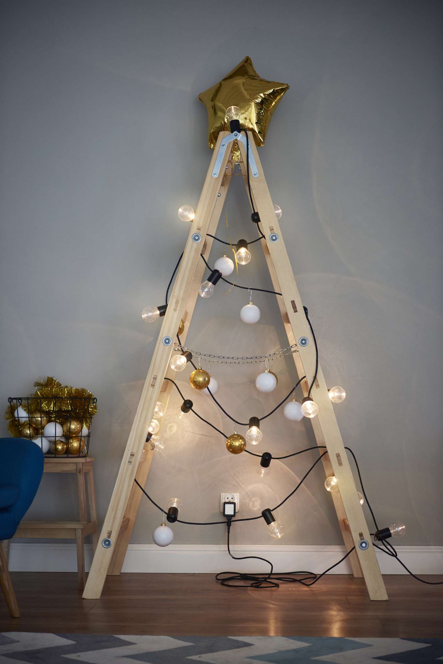 A Christmas tree made from a wood ladder