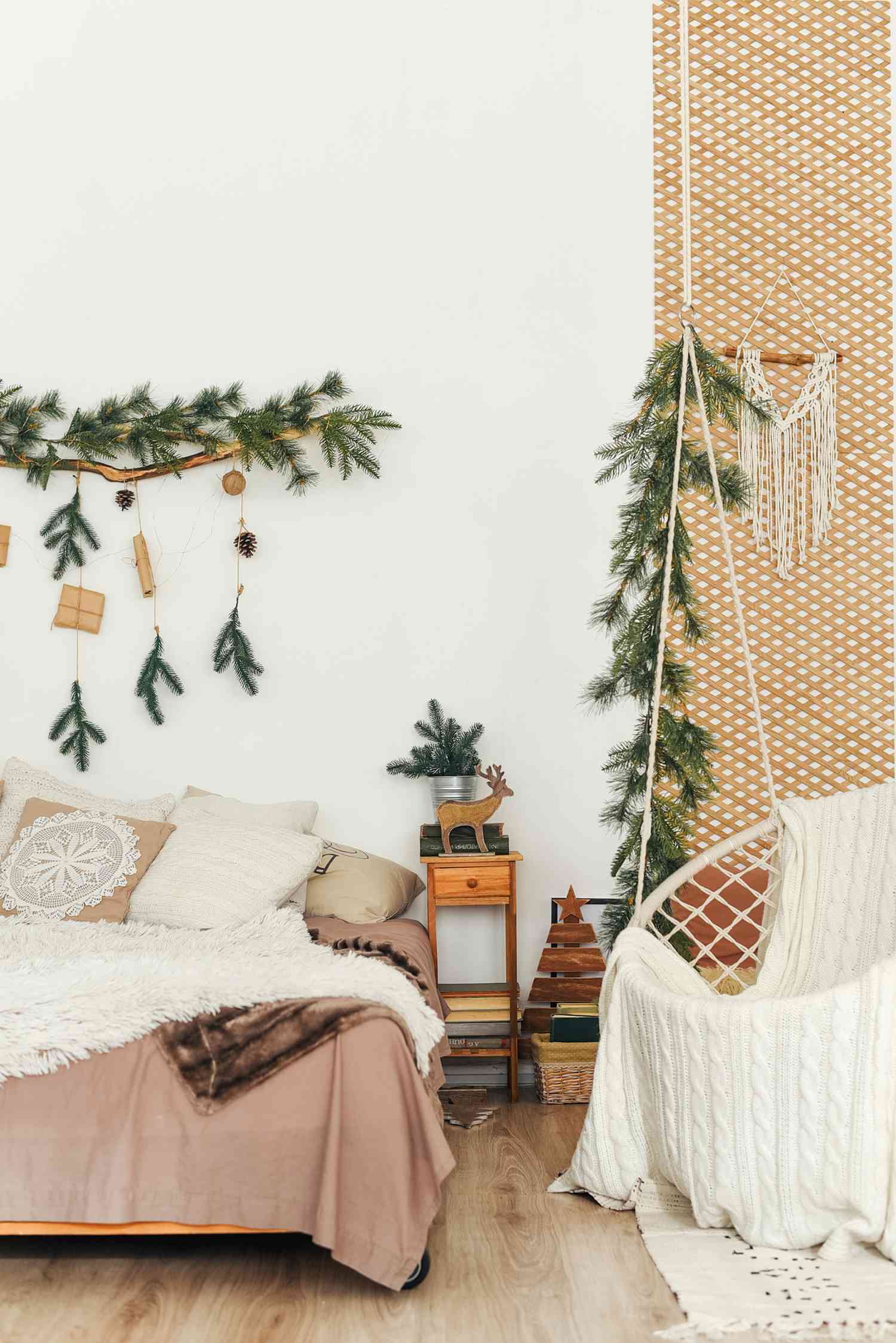 A bedroom decorated for Christmas