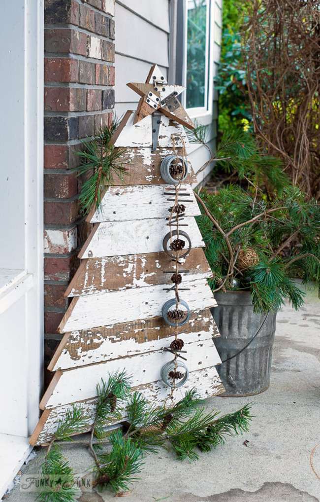 An outdoor Christmas tree made from reclaimed wood
