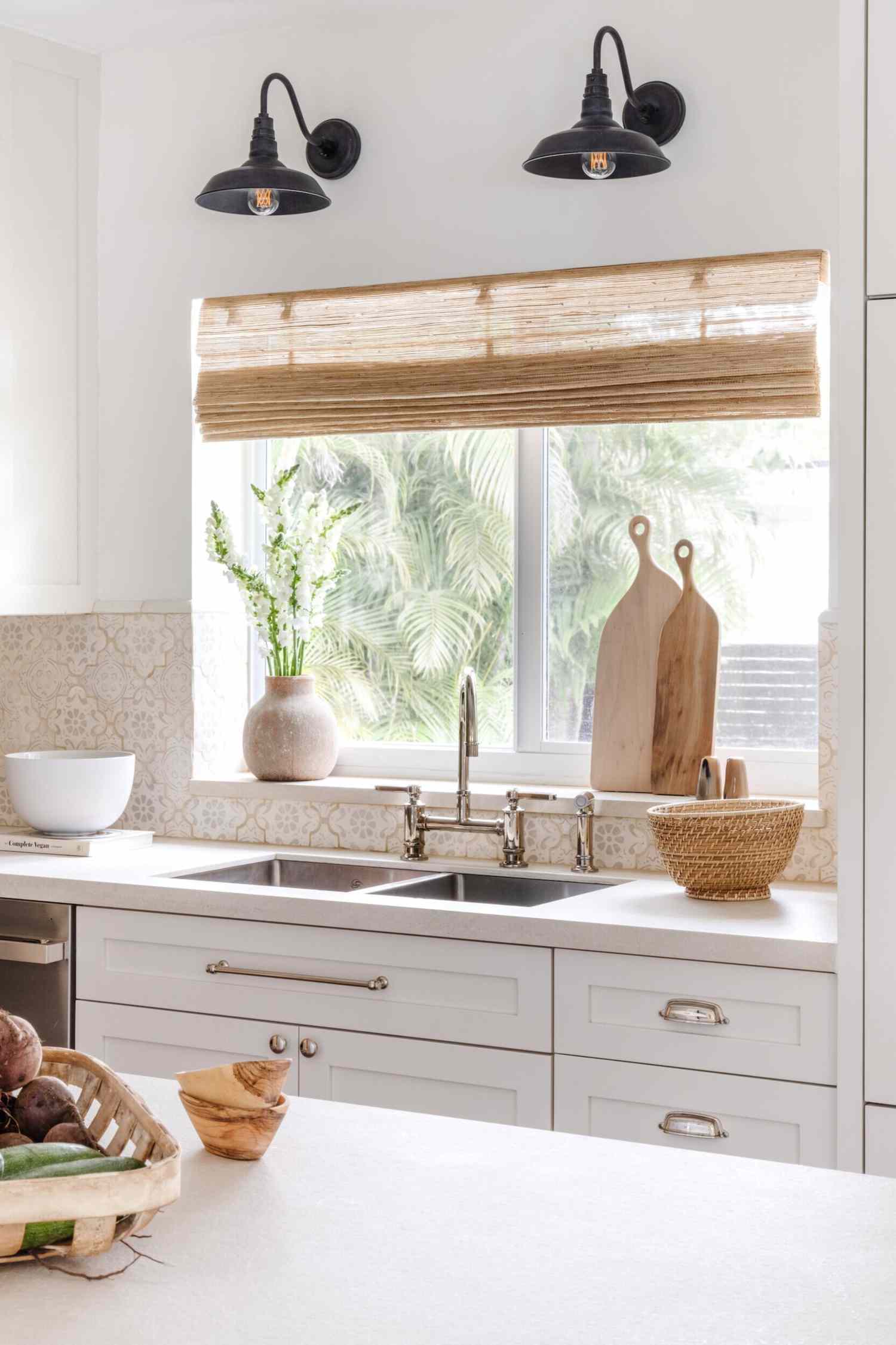 kitchen sink window with woven shade