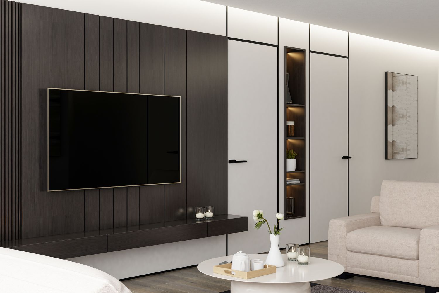 5 Kletschendes Zuhause "Upgrades" Das lässt ein Zuhause laut Designern sofort schlecht aussehen 2 Wohnzimmer mit TV -Feature -Wand.